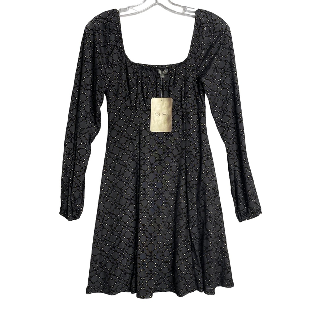 New Lily Rose Glitter Skater Dress Womens S Black Gold Babydoll Witchy Velour